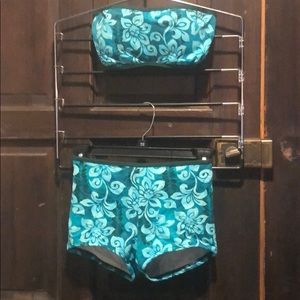 Blue/Green Flower Tube Top & Shorts Bikini Set